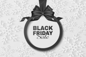 Black bow and ribbon with label for black friday sale. vector template to advertise your business promotions. commercial discount event. paper snowflakes. eps 10.