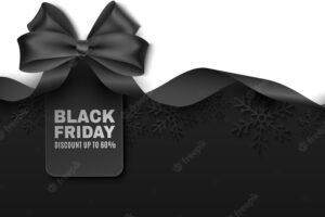 Black bow and ribbon with tag for black friday sale. vector label to advertise your business promotions. commercial discount event. paper snowflakes on a dark background. eps 10.