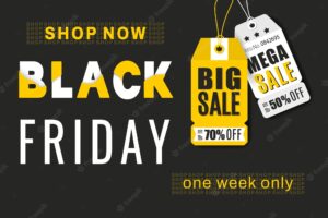 Black friday sale banner discount offer price sign colourful text with bright sale tag on black background vector