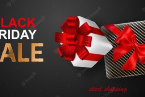Black friday sale banner gift box with bow and ribbons on dark background vector illustration for posters flyers or cards