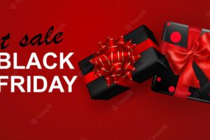 Black friday sale banner. gift box with bow and ribbons on red background. vector illustration for posters, flyers or cards.