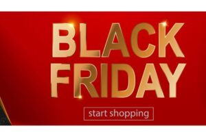 Black friday sale banner in red, black and golden colors. inscription on dark background. curled paper corners. vector illustration for posters, flyers, cards