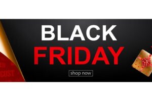 Black friday sale banner in red, black and golden colors. inscription and gift box on dark background. curled paper corners. vector illustration for posters, flyers, cards