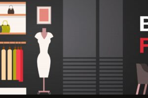 Black friday sale banner with fashion clothes shop interior