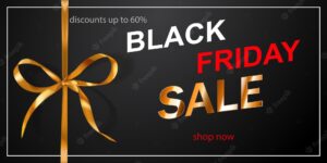 Black friday sale banner with golden bow and ribbons on dark background. vector illustration for posters, flyers or cards.