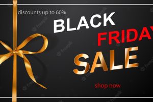 Black friday sale banner with golden bow and ribbons on dark background. vector illustration for posters, flyers or cards.