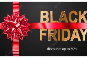 Black friday sale banner with red bow and ribbons on dark background. vector illustration for posters, flyers or cards.