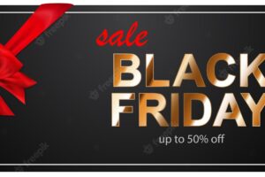 Black friday sale banner with red bow and ribbons on dark background. vector illustration for posters, flyers or cards.