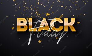 Black friday sale illustration with gold 3d lettering and falling confetti on dark background