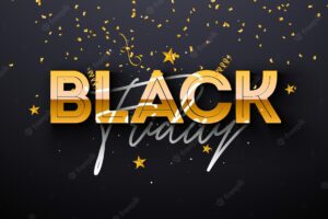 Black friday sale illustration with gold 3d lettering and falling confetti on dark background