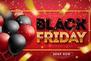Black friday sale illustration with golden lettering and party balloon on red background