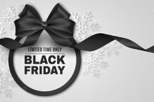 Black friday sale label. bow and curly ribbon with tag. vector banner to advertise your business promotions. business cover for ad. commercial discount event. white paper snowflakes