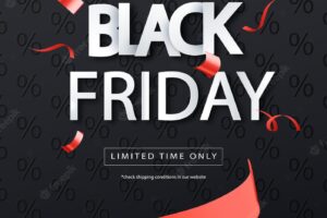 Black friday sale vector banner with red ribbon. vector illustration.