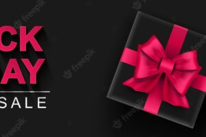 Black friday super sale banner black gift box with pink bows dark background big seasonal sale