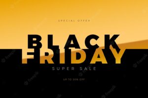 Black friday super sale illustration with golden lettering on black and gold contrast background