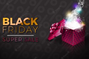 Black friday super sale illustration with magic gift box and gold text lettering on dark background