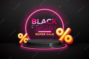 Black friday super sale illustration with neon light and podium on dark background