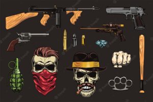 Black mafia and gangsters flat illustration set