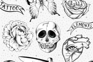 Black and white outline old school flash tattoo design vector collection