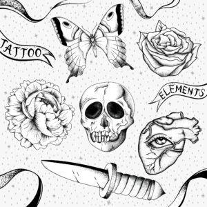 Black and white outline old school flash tattoo design vector collection