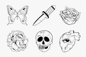 Black and white outline old school flash tattoo design vector collection