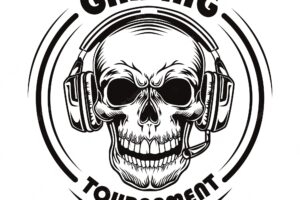 Black and white skull in headphones vector illustration. vintage dead head of professional gamer