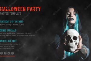 Blue haired girl holding a skull halloween party