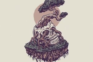 Bonsai growing from a human skull, hand drawn line style with digital color