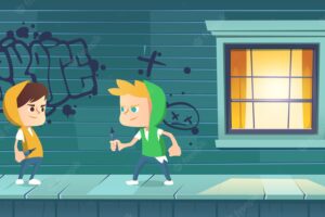 Boys paint graffiti on house. teenagers with markers drawing street art. concept of youth rebel culture, vandalism. vector cartoon illustration of kids painting on green wall