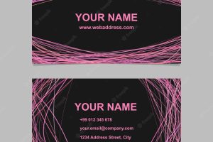 Business card template design set - vector company illustration with pink curved lines on black background