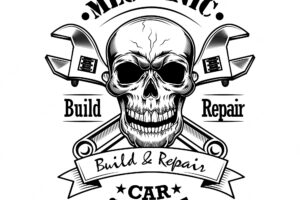 Car mechanic vector illustration. monochrome skull, crossed wrenches build and repair text. car service or garage concept for emblems or labels templates