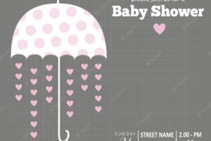Card for baby shower with an umbrella and hearts
