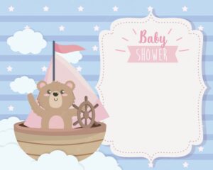 Card of cute bear in the ship and clouds