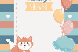 Card of cute fox animal with balloons and cloud