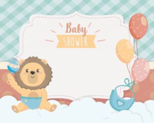 Card of cute lion with bib and balloons
