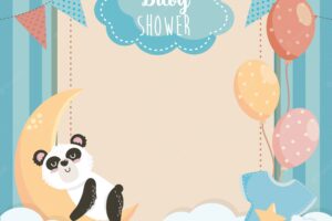 Card of cute panda with label and balloons