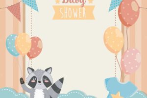 Card of cute raccoon with balloons and clouds
