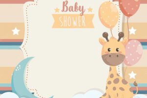 Card of giraffe animal with balloons and clouds