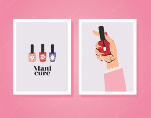 Cards of manicure lettering and red polish bottle with black cover and one hand