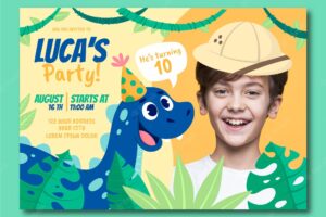 Cartoon dinosaur birthday invitation with photo