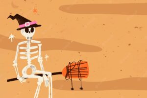 Cartoon halloween background vector illustration, spooky skeleton witch