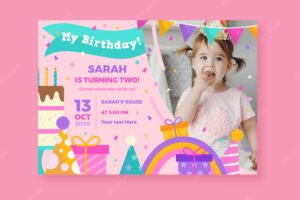 Children's birthday card with cute girl and gifts
