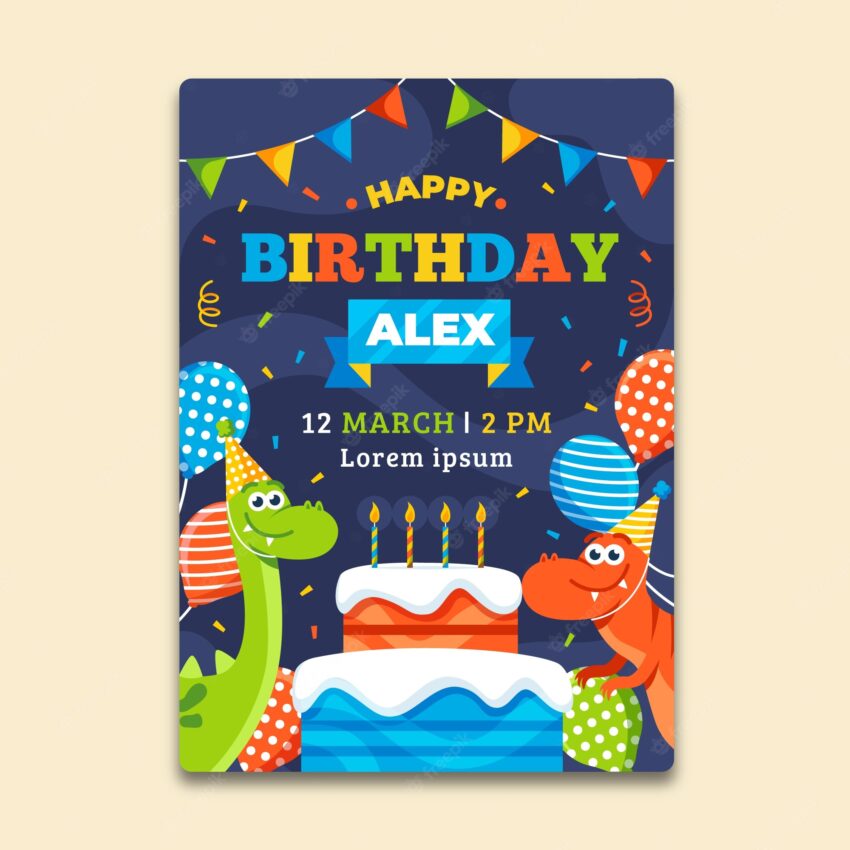 Children's birthday invitation template with balloons and dinosaurs