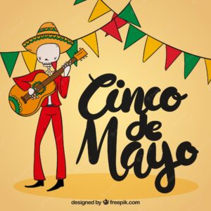 Cinco de mayo background with mexican skull playing the guitar