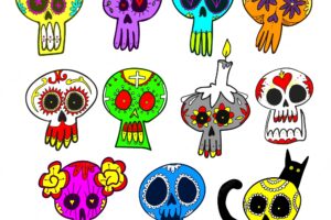 Collection of hand drawn colorful mexican skulls