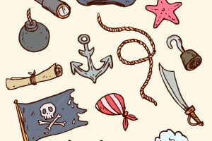 Collection of hand drawn traditional pirate elements