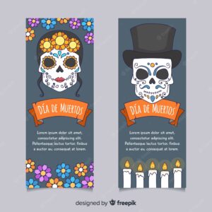 Colorful hand drawn día de muertos banners