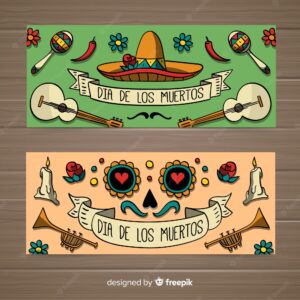 Colorful hand drawn día de muertos banners