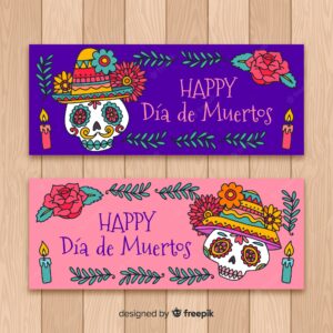 Colorful hand drawn día de muertos banners