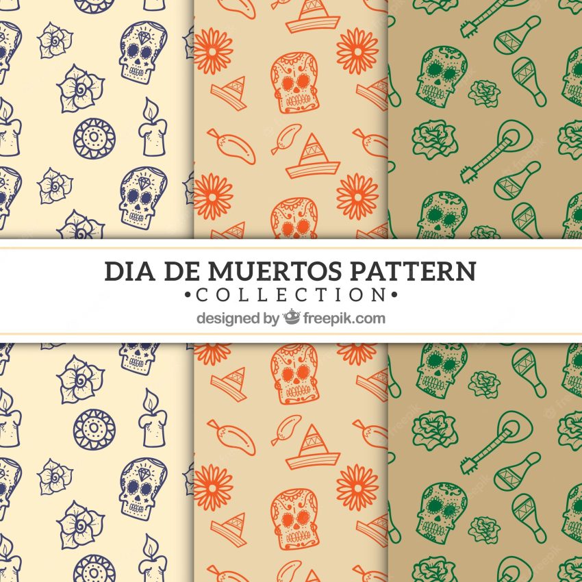 Colorful hand drawn día de muertos pattern collection